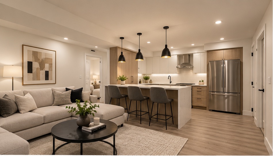 Open concept basement living room and kitchen
