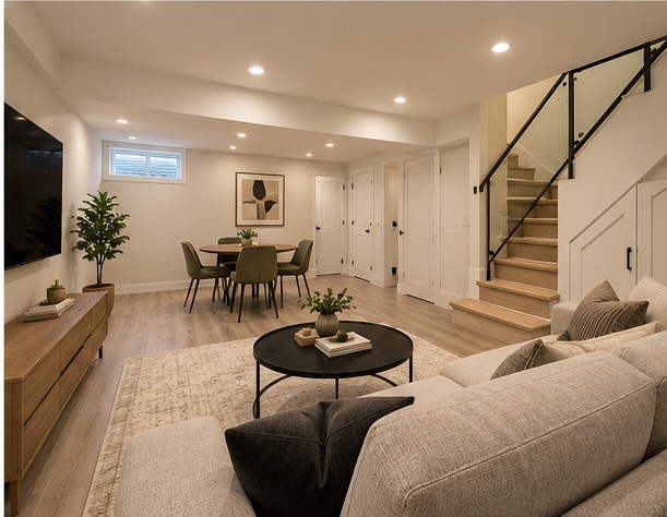 Basement living and dining area with stairs