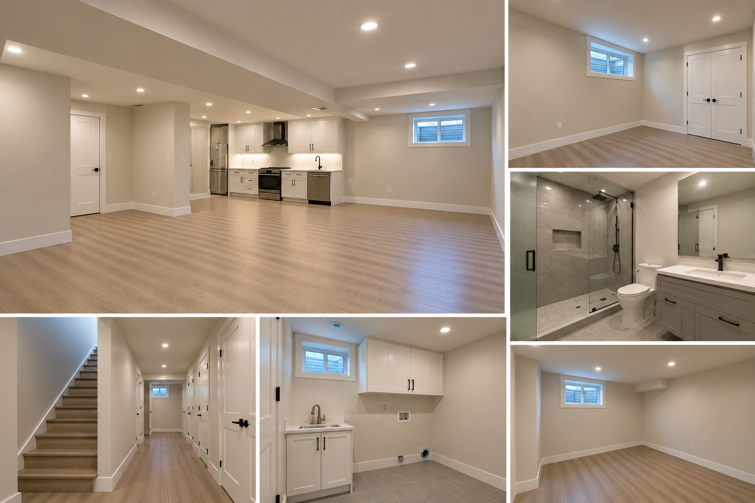 Empty finished basement project with kitchen, bedroom, bathroom, laundry and hallway