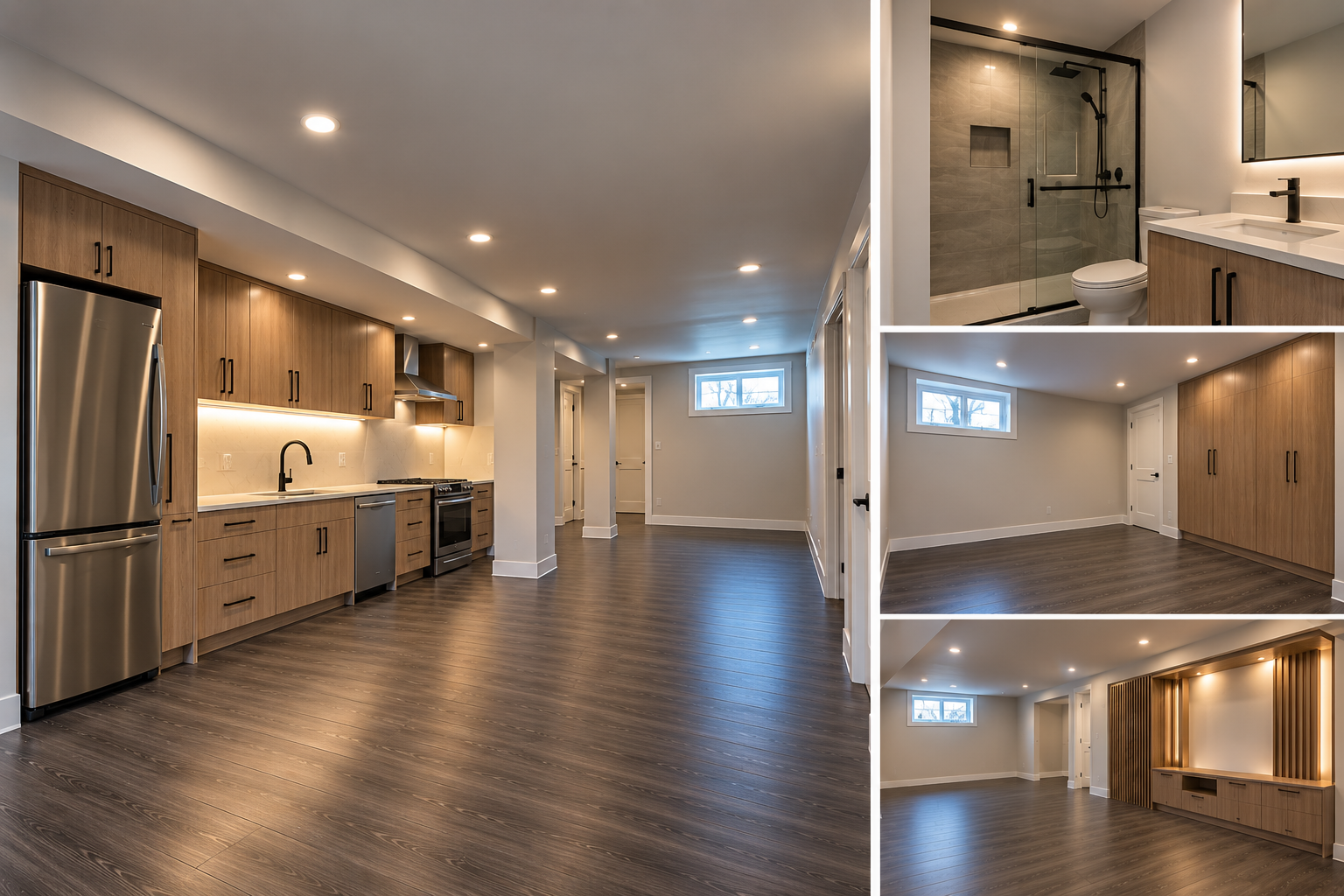 Modern finished basement with dark vinyl flooring and light walnut cabinetry