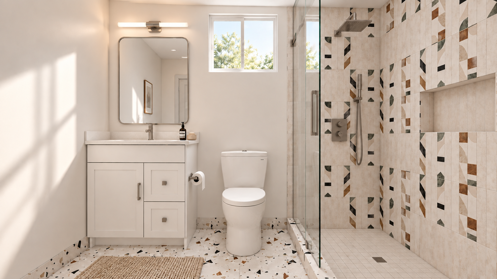 Terrazzo and pattern shower bathroom view 1