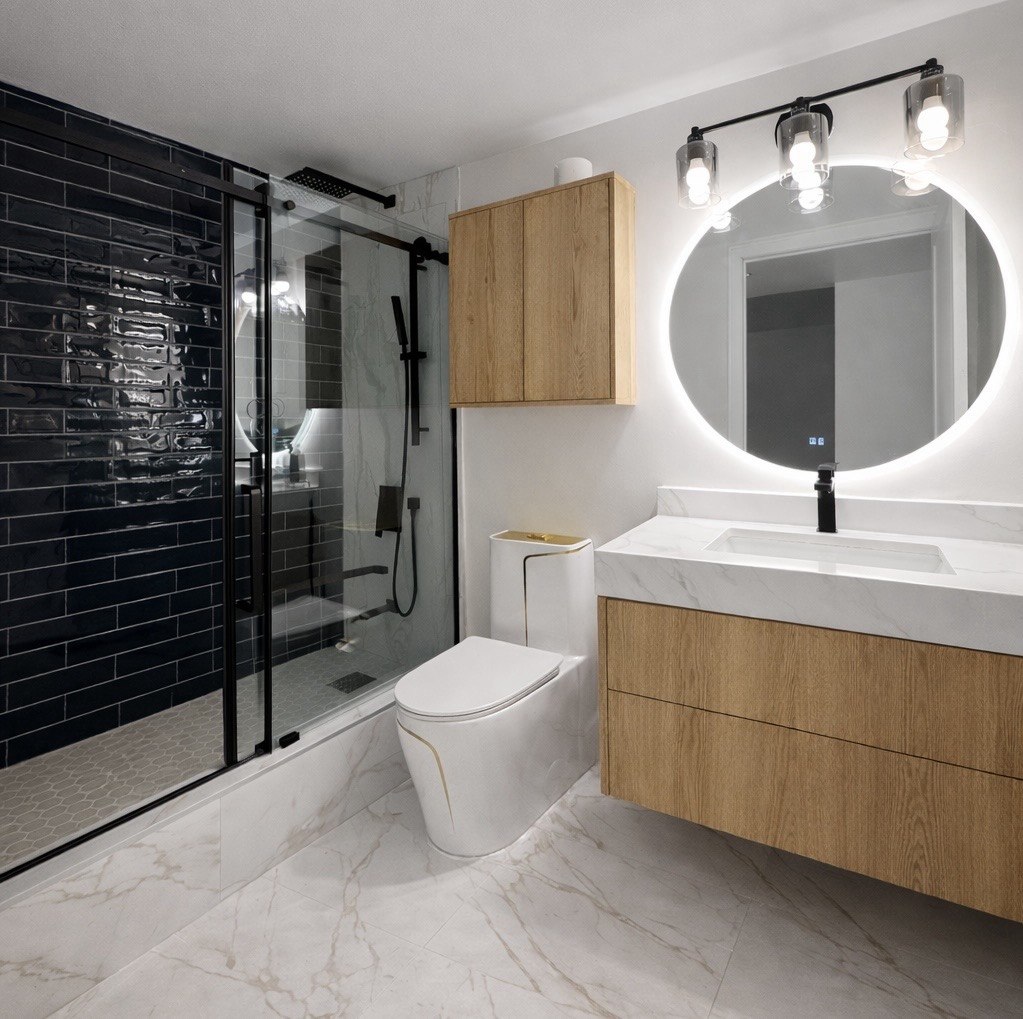 Black tile and oak bathroom view 1