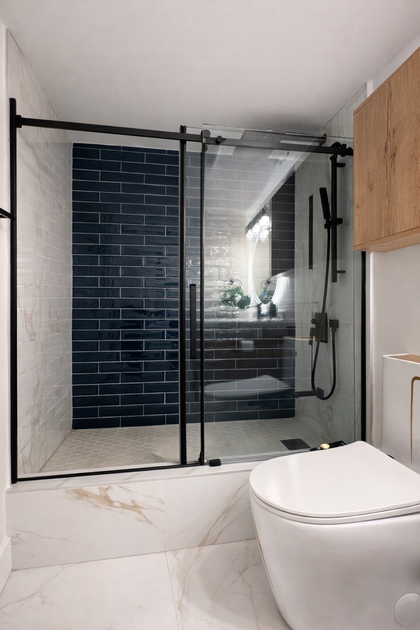 Black tile and oak bathroom view 2