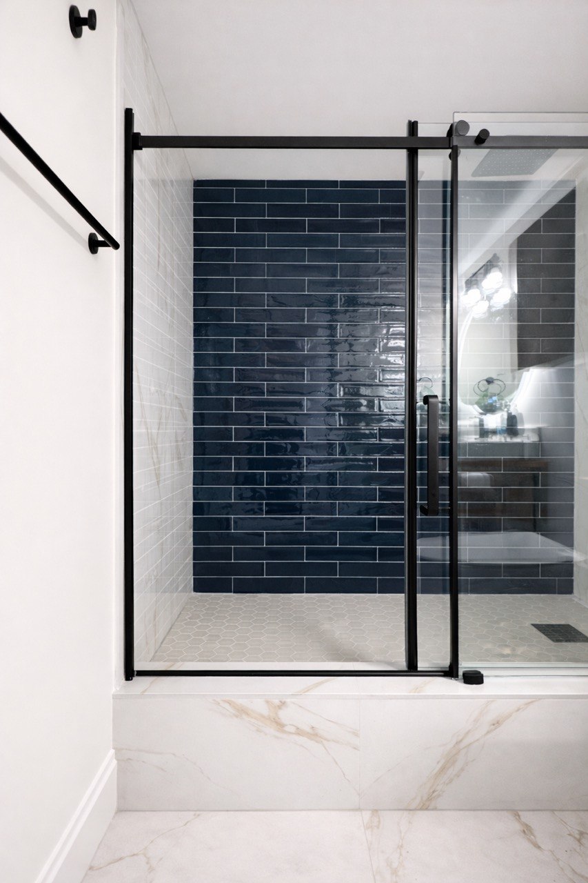 Black tile and oak bathroom view 3
