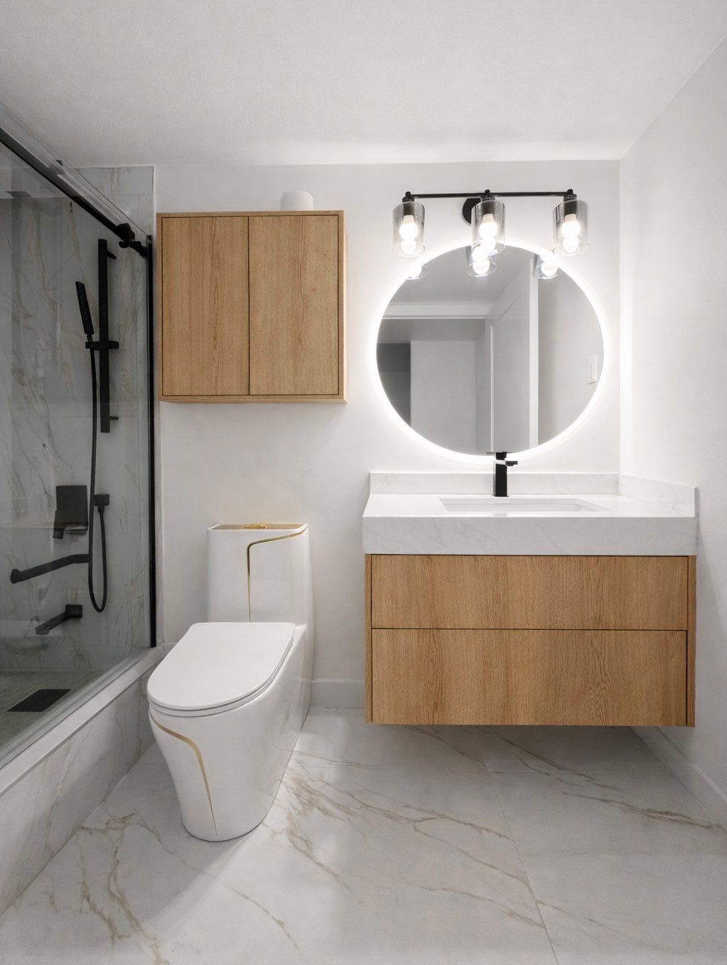 Black tile and oak bathroom view 4
