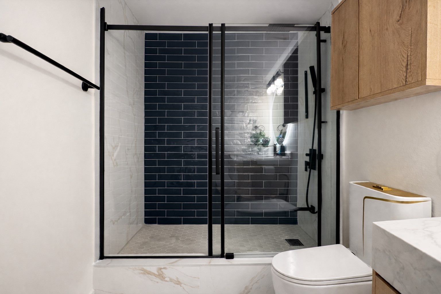 Black tile and oak bathroom view 6