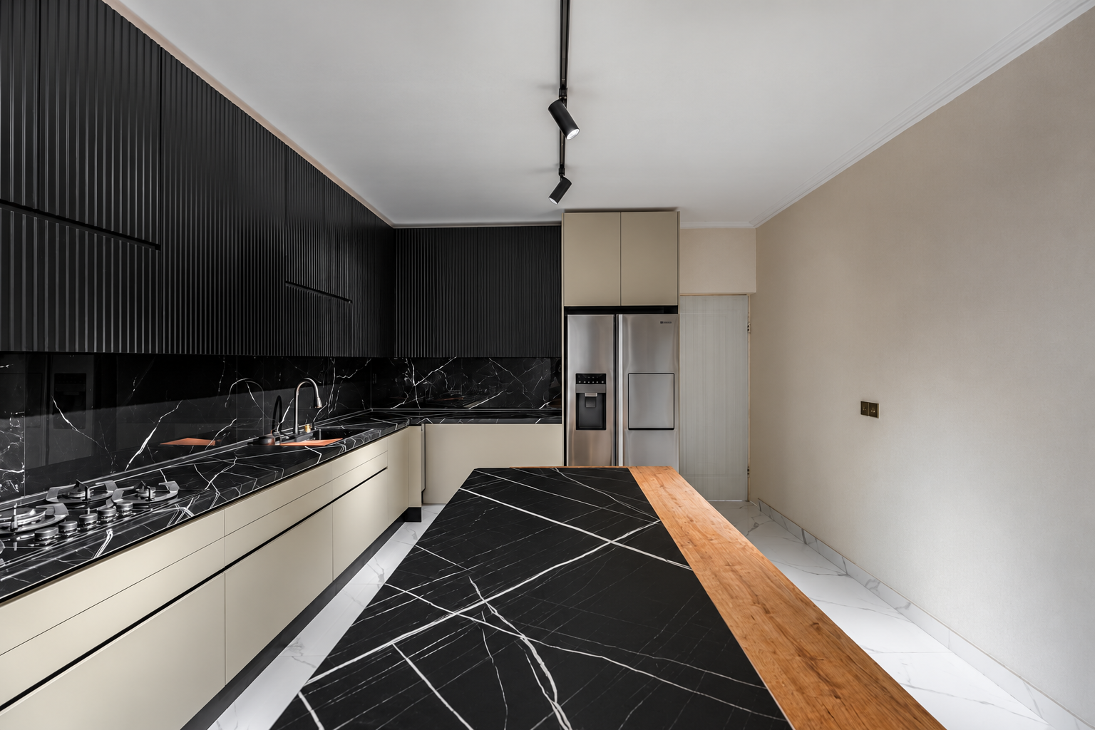 Modern black and ivory kitchen wide view