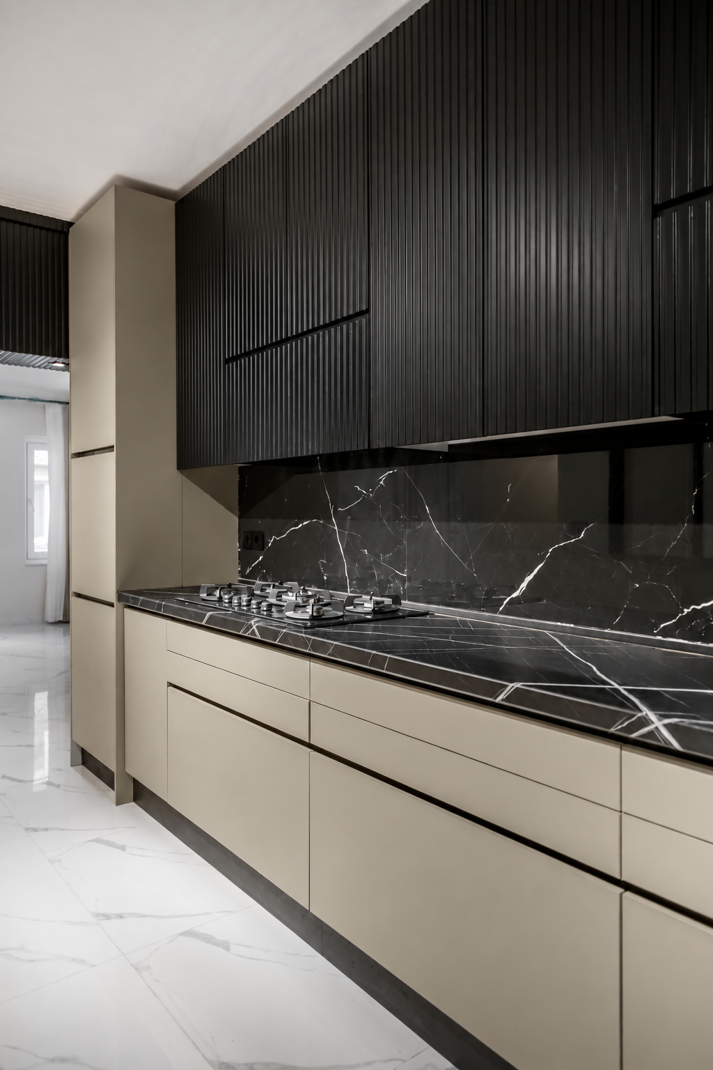 Black ribbed cabinetry and stone backsplash