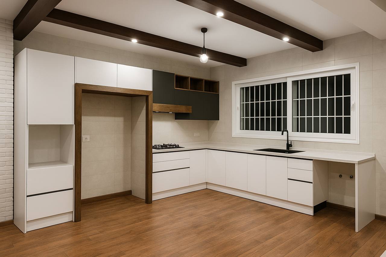 Modern L-shaped kitchen with dark ceiling beams