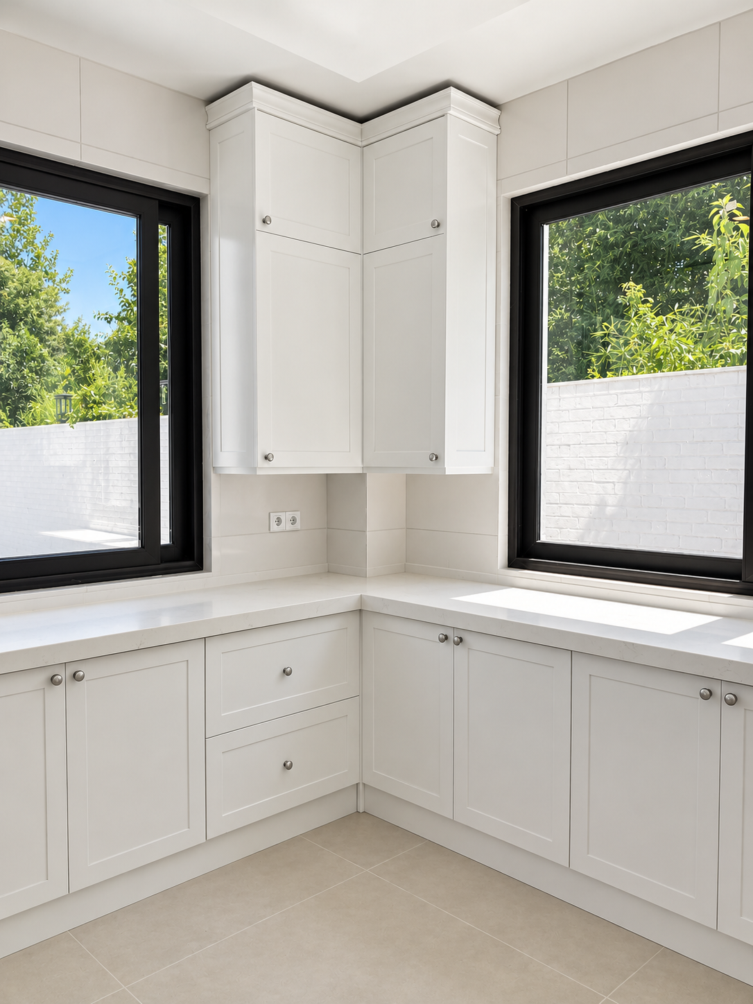 White kitchen cabinetry between black framed windows