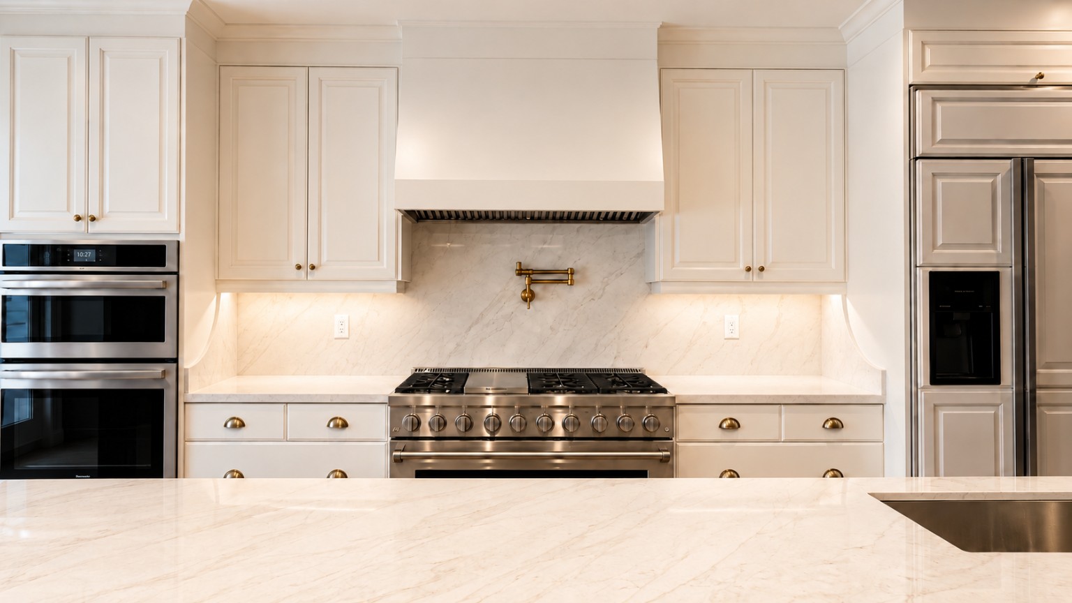 Symmetrical range wall with custom cabinetry
