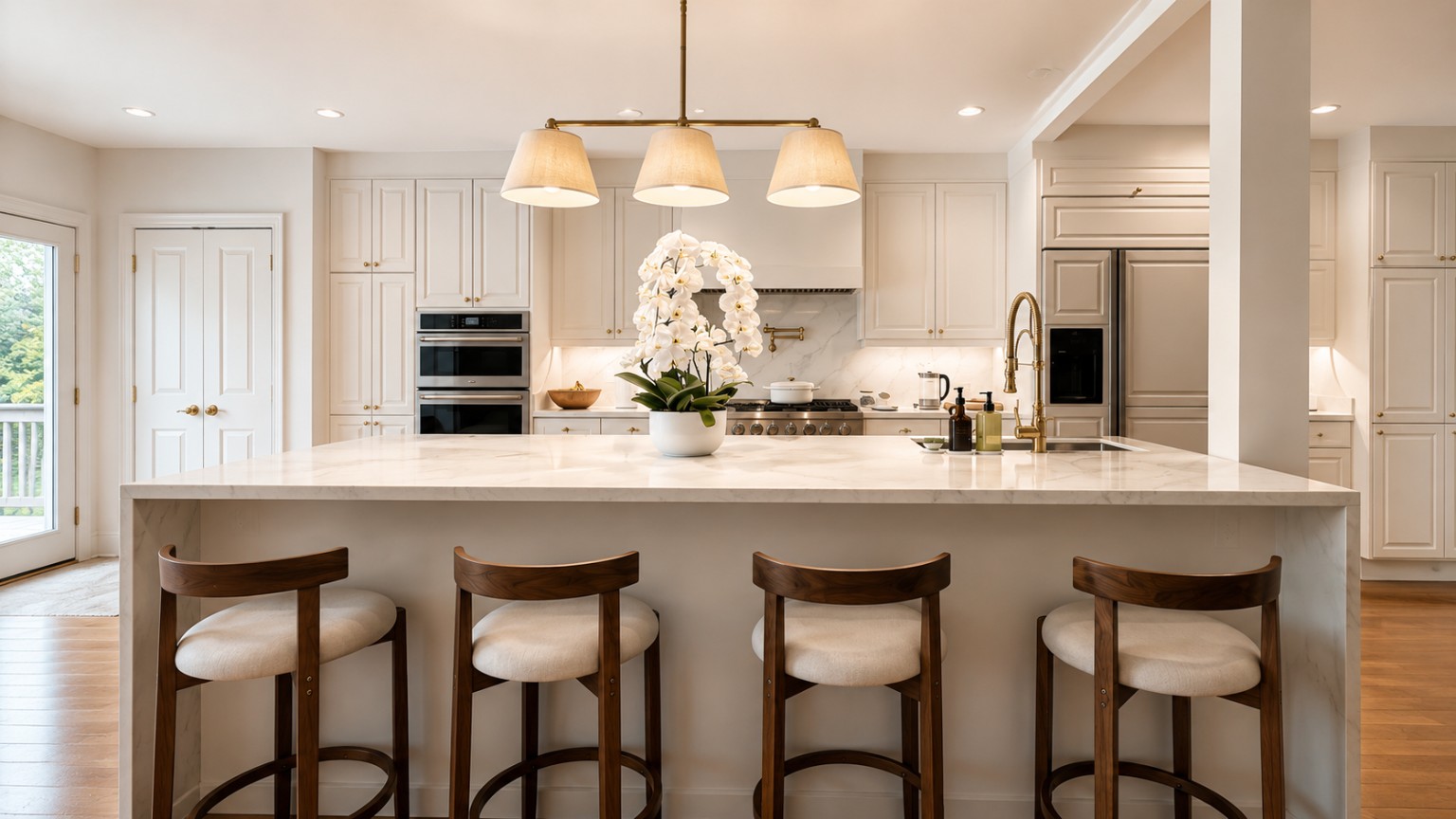 BAY kitchen renovation with large stone island and custom white cabinetry