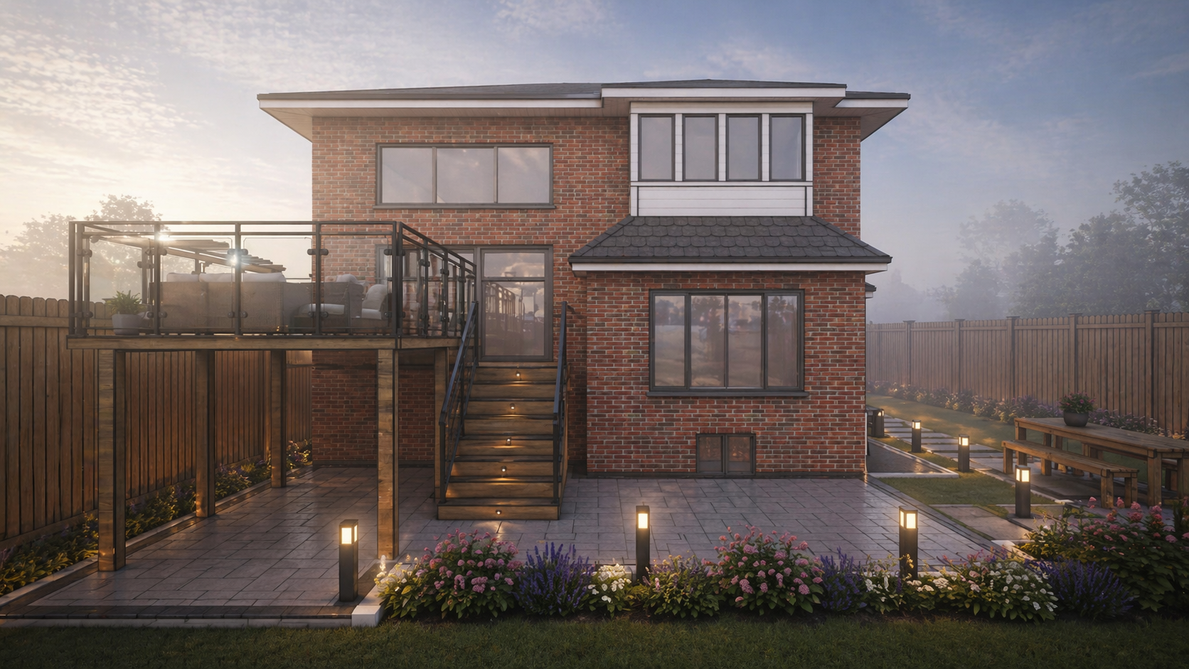 Backyard landscape and elevated deck