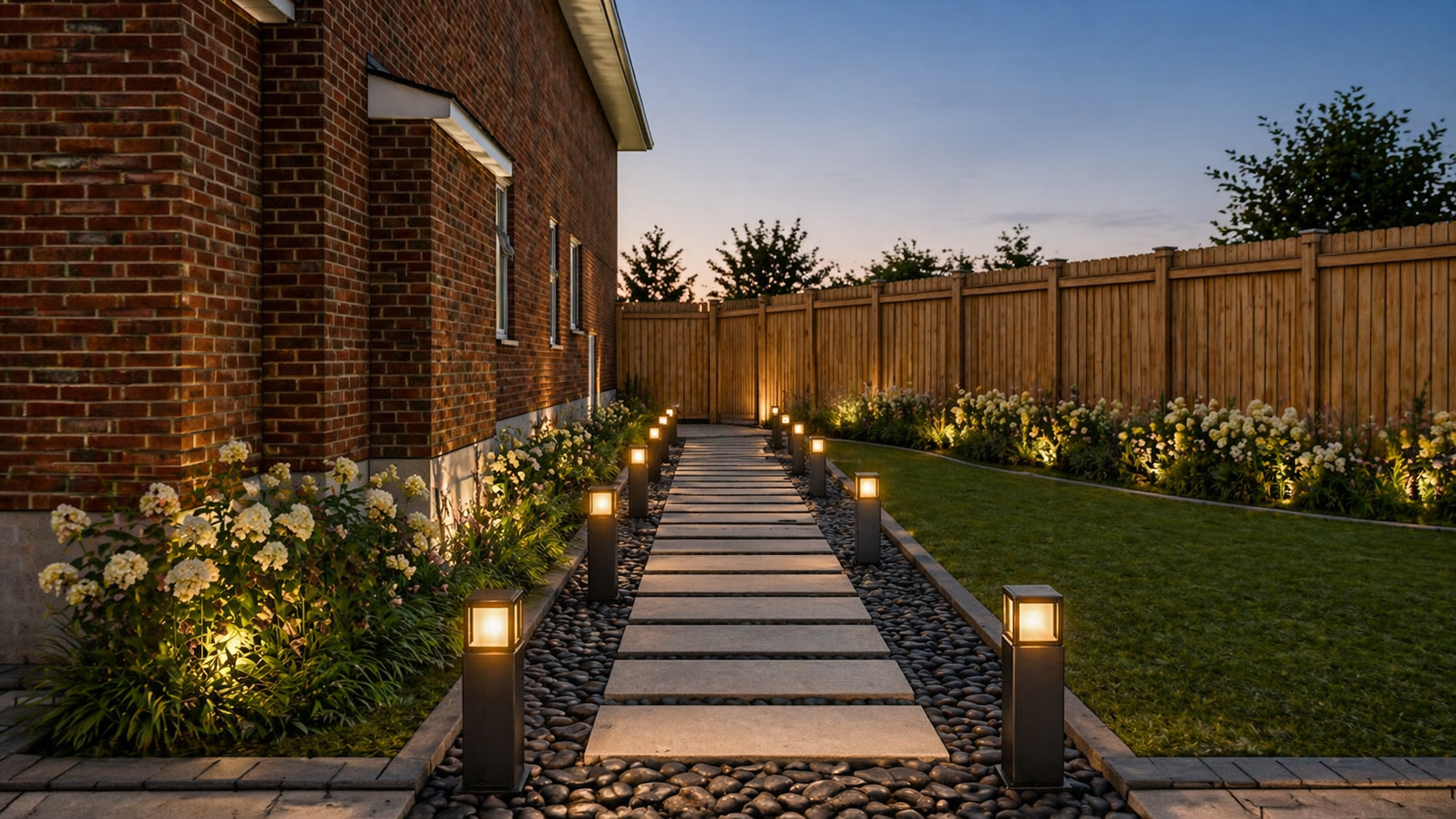 Landscape path lighting at dusk