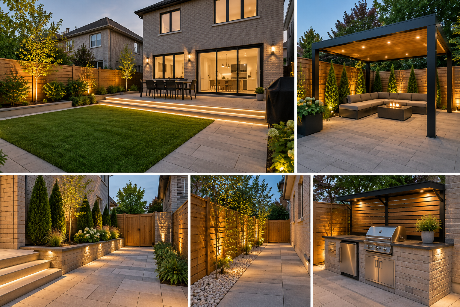 Contemporary backyard transformation project with patio pergola outdoor kitchen and landscape lighting