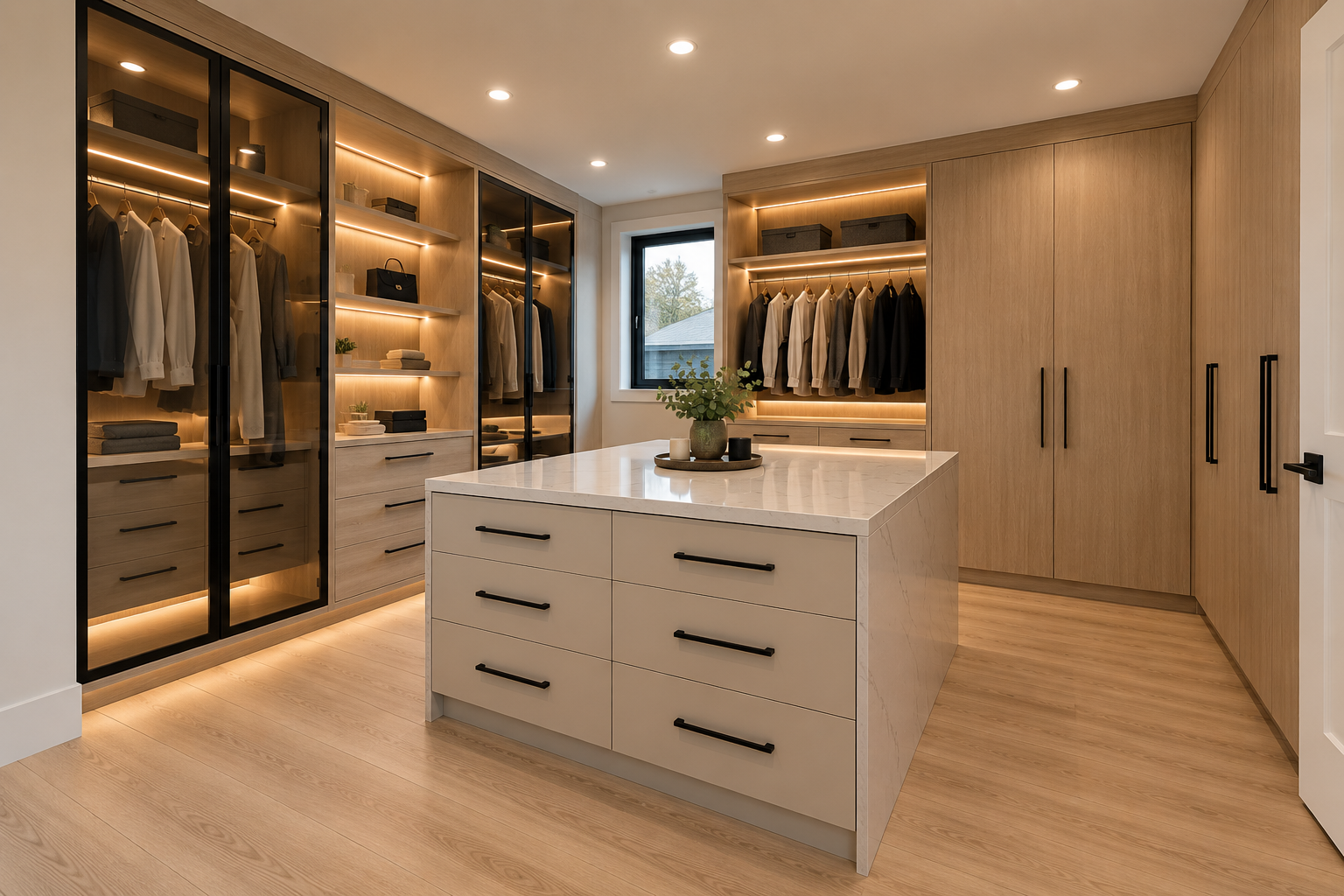 Custom warm oak walk-in closet with integrated lighting and island cabinetry